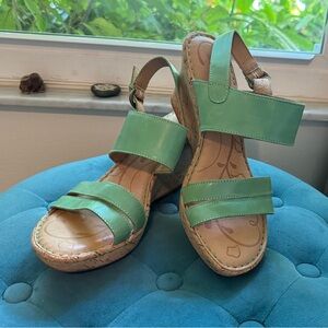 Born sandals with 4 inch cork wedge, size 10, green leather
